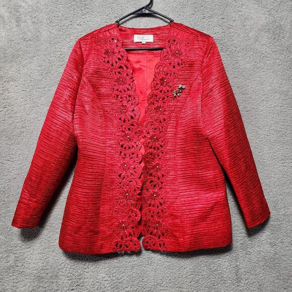 EY Signature Red Blazer Jacket‎ Floral Rhinestones Broche Plus Size 16 - Picture 1 of 9